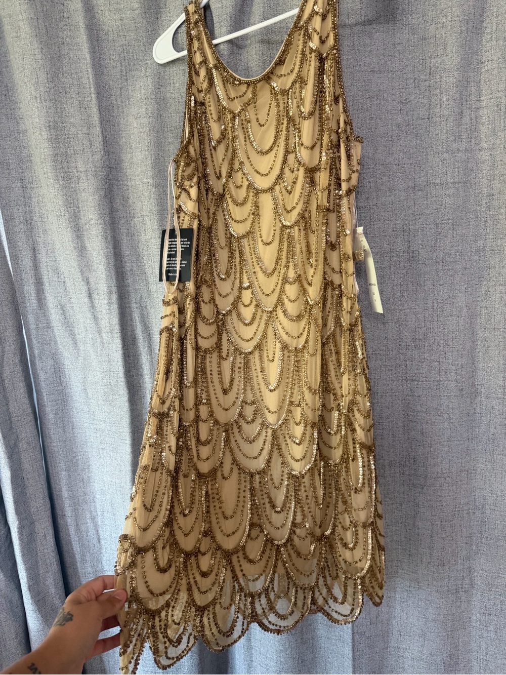 Sleeveless Gold Sequin Mini Dress with Scalloped Beading